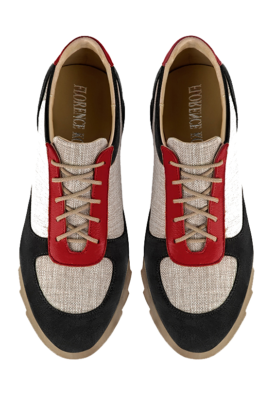Matt black, natural beige and cardinal red women's three-tone elegant sneakers. Round toe. Low rubber soles. Top view - Florence KOOIJMAN